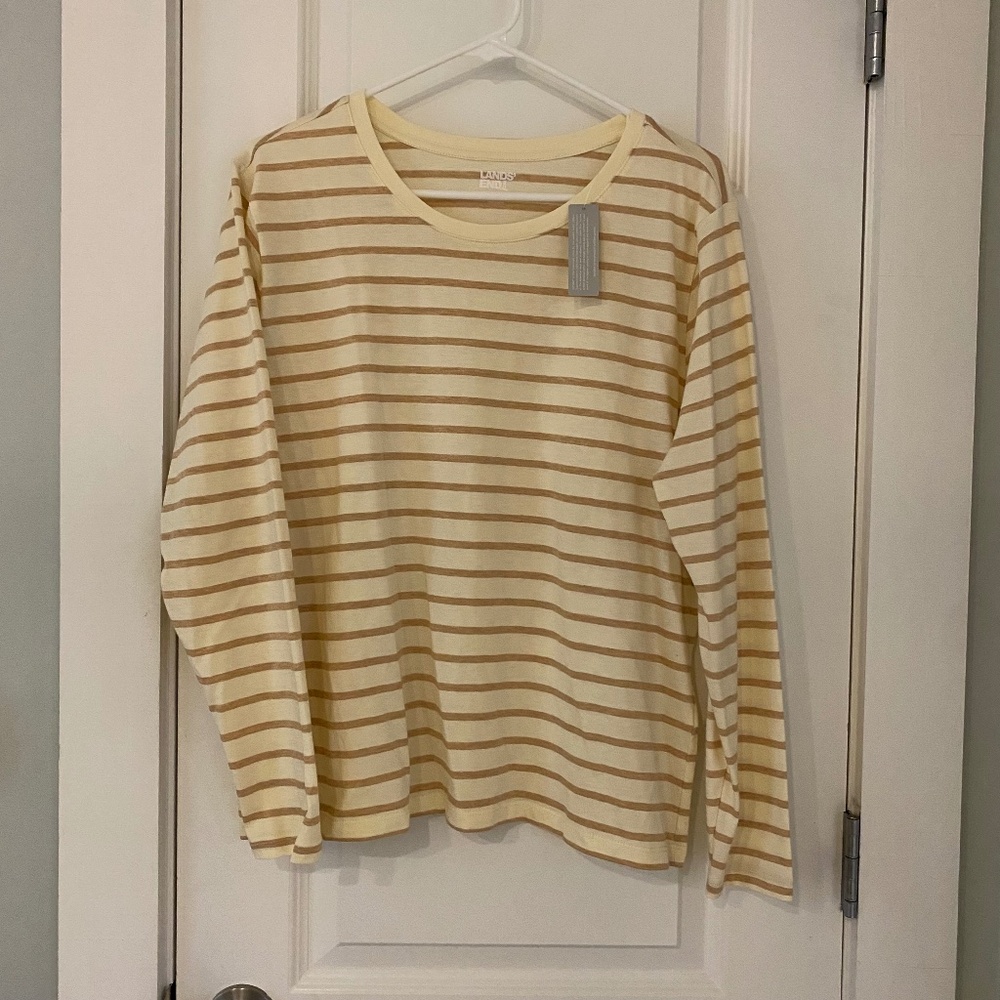 NWT Lands' End Supima Relaxed Long Sleeve Shirt, Pecan Breton Stripe, Size LP